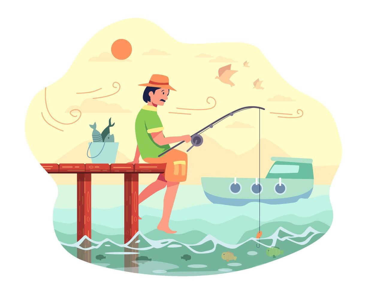 The fisherman sat fishing at the end of the bridge with a fishing rod and  bait 2926465 Vector Art at Vecteezy