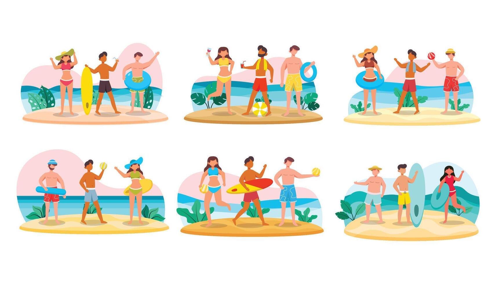 Bundle of man character 6 sets, 18 poses of female in swimming suit with gear on the beach vector