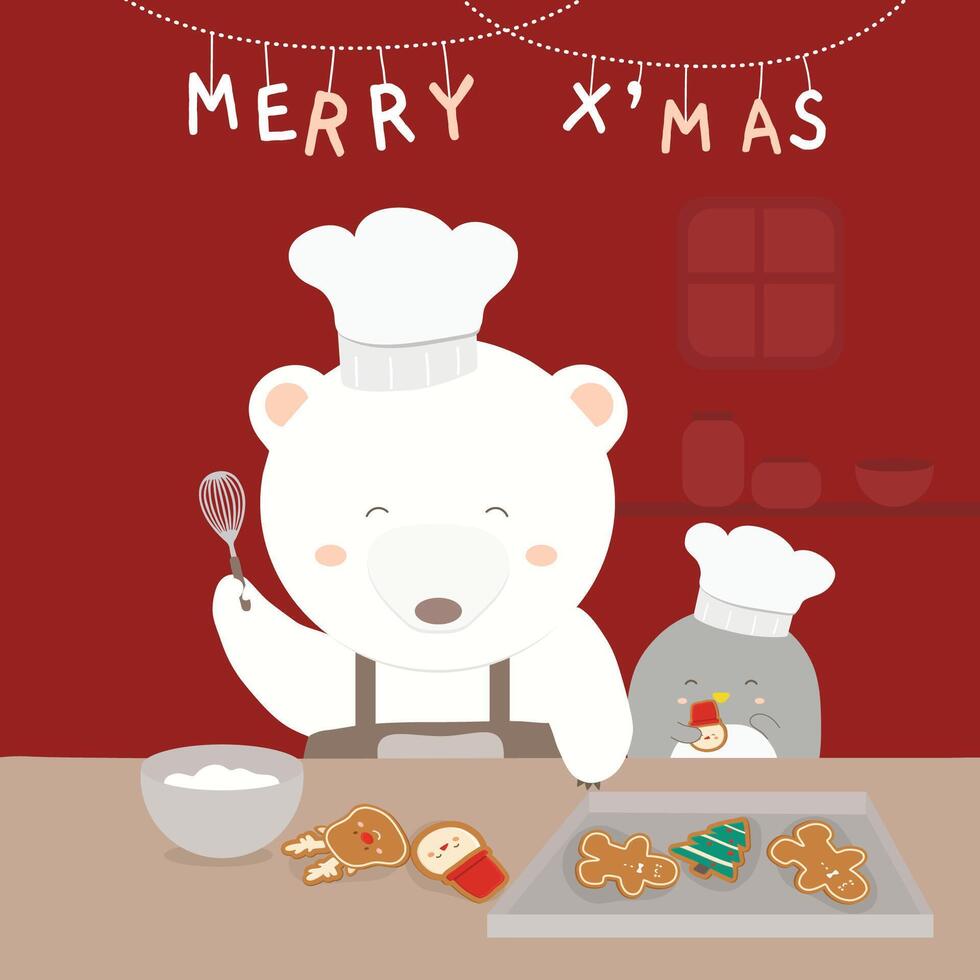 Merry Christmas with a white bear cooking and a penguin as his helper. vector