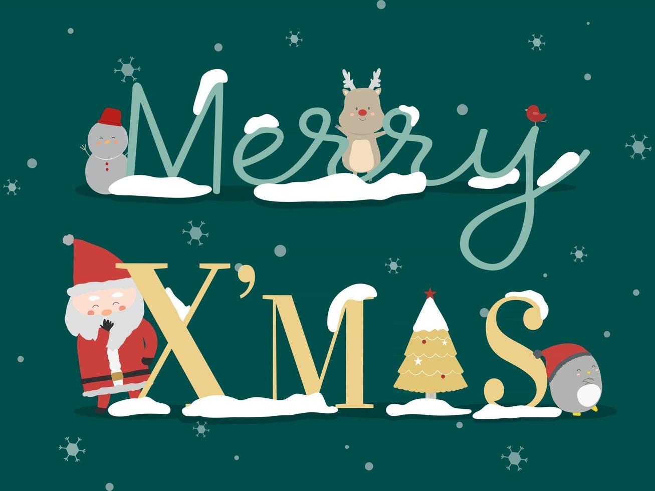 Merry Christmas with Santa Claus Reindeer and snowman on green background vector