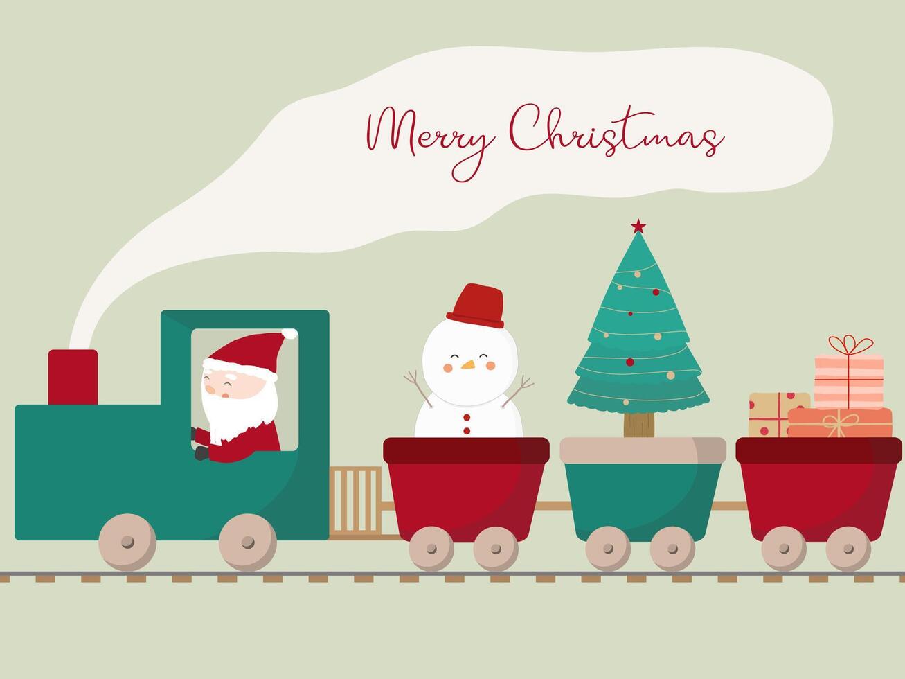 Merry Christmas in a train driven by Santa Claus. With a Christmas tree, Snowman and a gift box in a train car vector