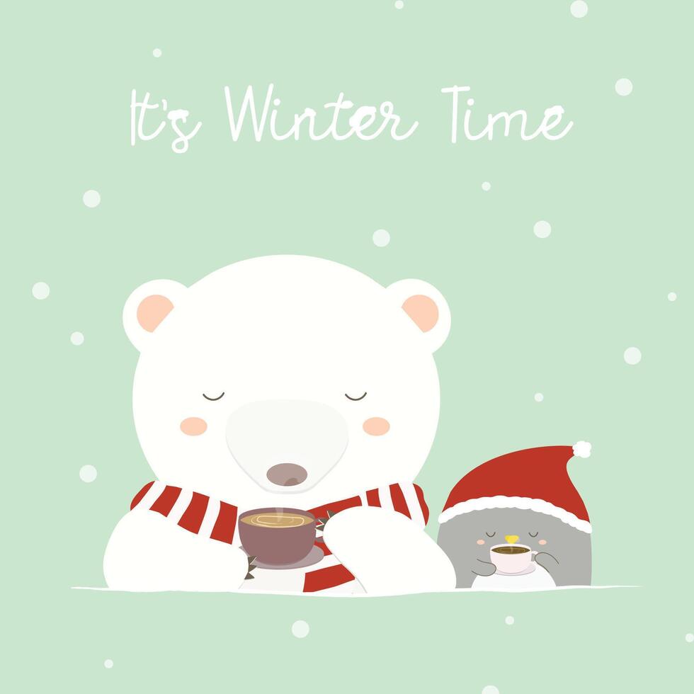 A white bear who drinks tea with penguins in winter vector