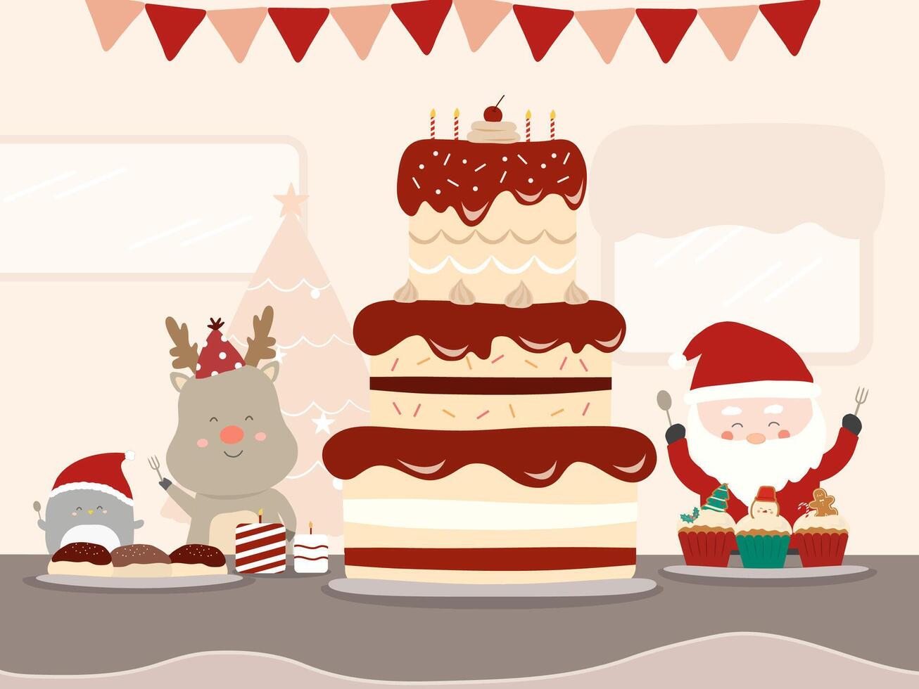 Merry Christmas with Santa Claus and Reindeer decorating the presents on the Christmas tree. vector