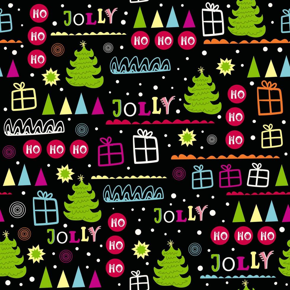 Seamless pattern with Christmas tree, gift box and snow. vector