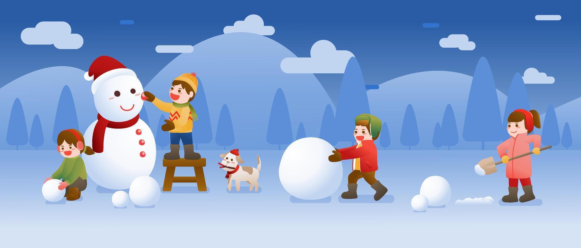 Kids Build a Snowman and Playing Snow, Christmas, Winter and New Year Celebration vector