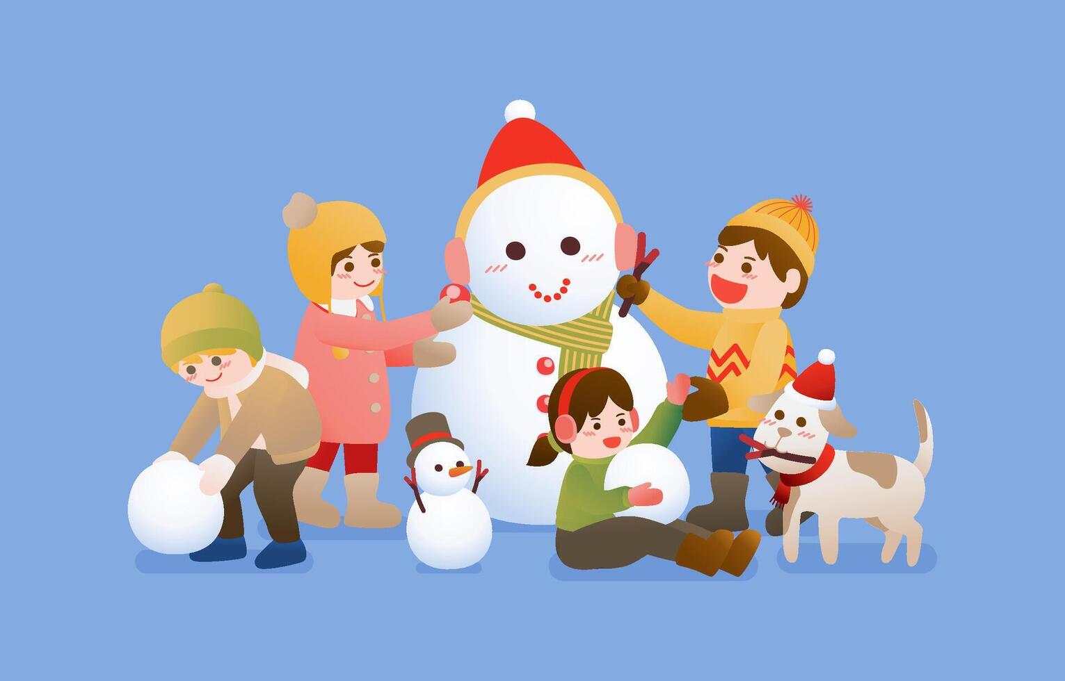 los niños construyen un muñeco de nieve y juegan a la nieve, la navidad, el invierno y la celebración del año nuevo vector