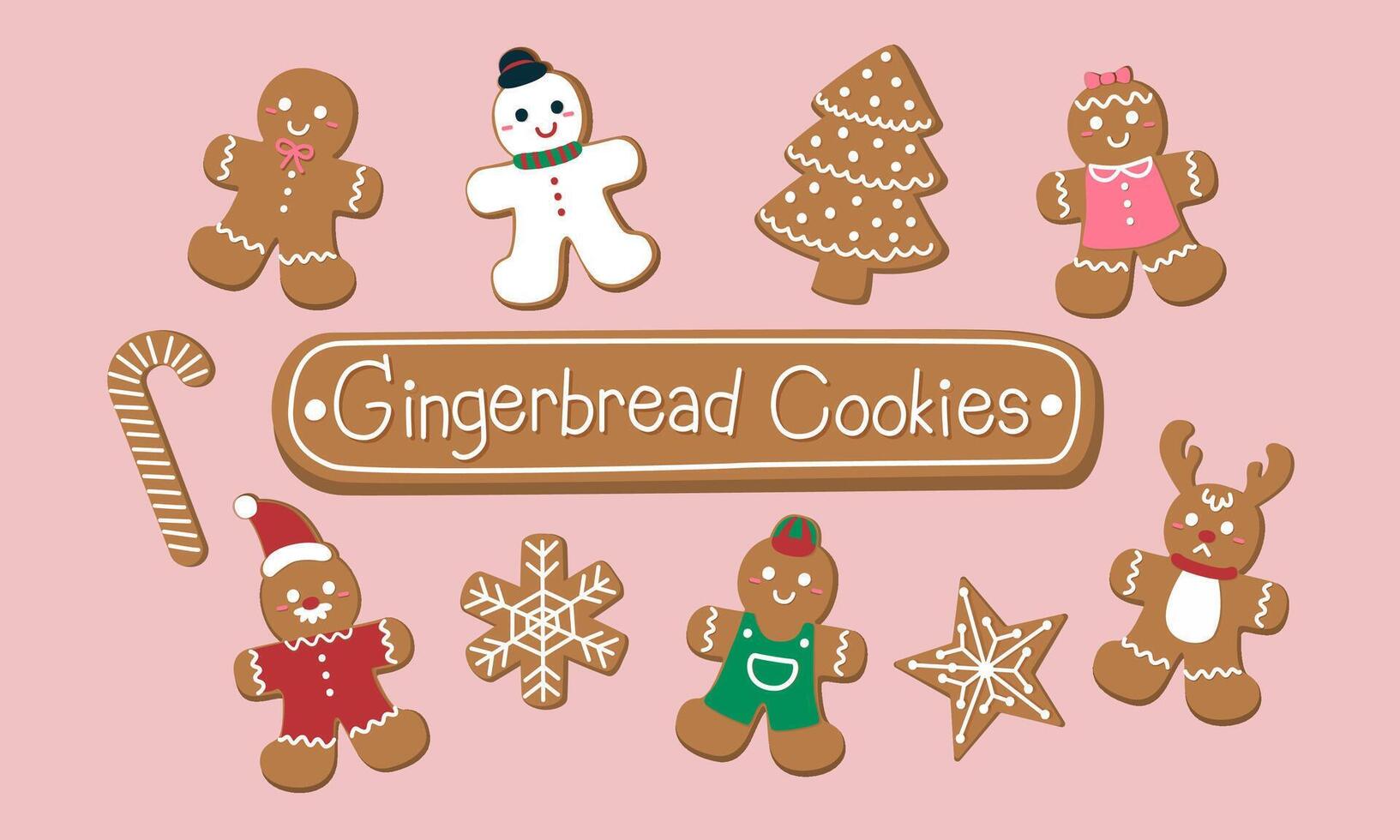 Set of cute gingerbread cookies for christmas. Isolated on pink background. Vector illustration.