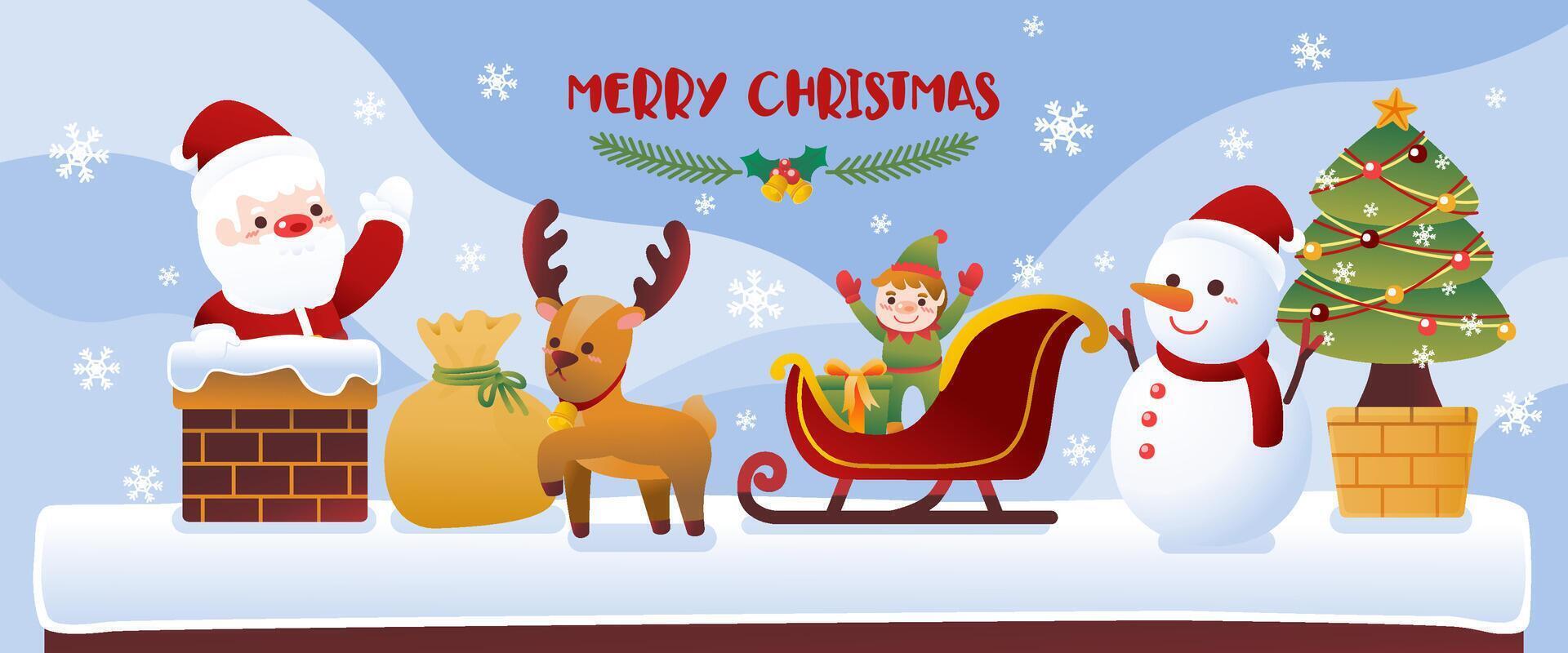 Christmas icon with reindeer santa claus snowball sheep and santa's helper on mountain and snowy background vector