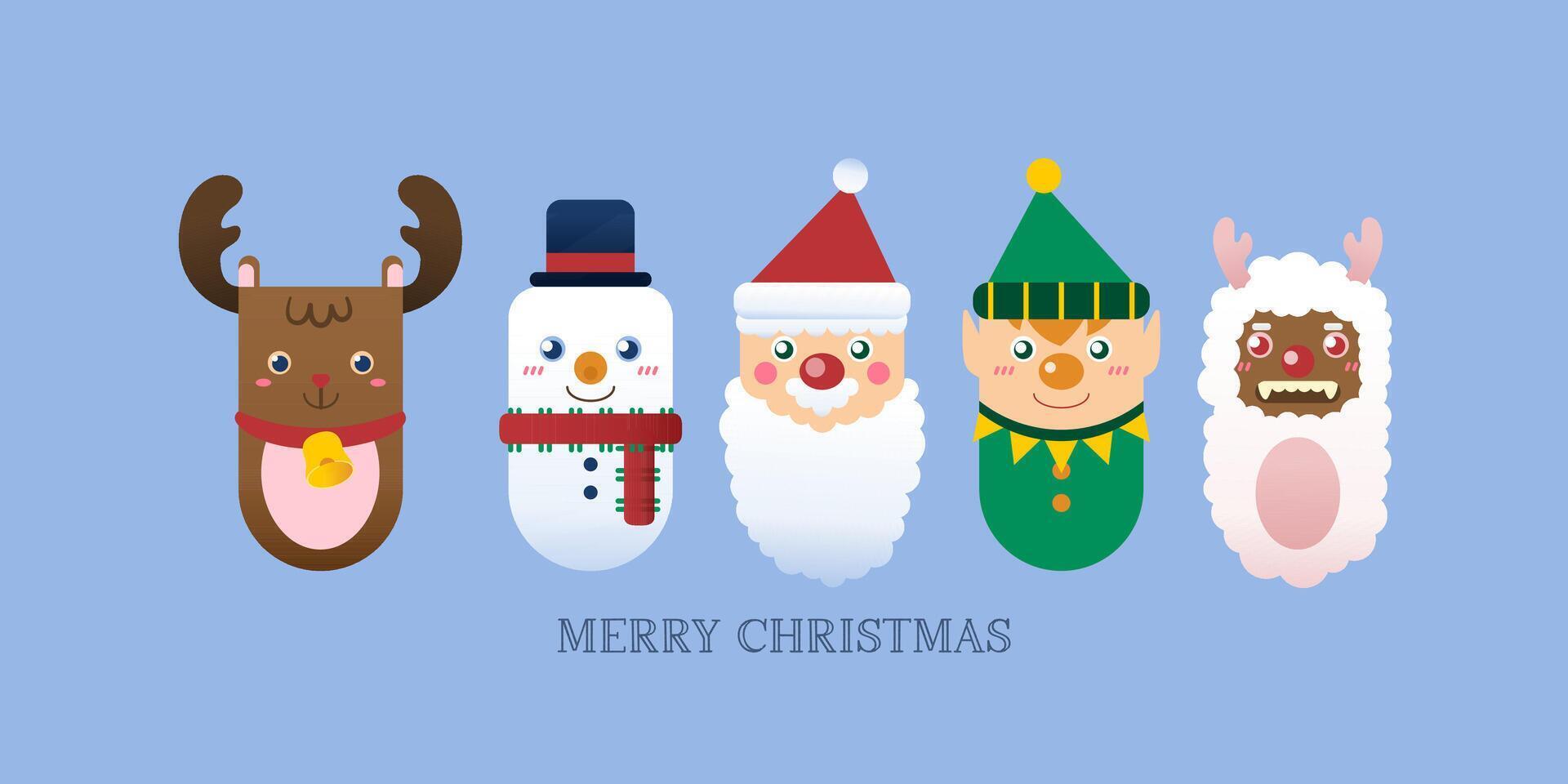 icono de navidad con renos, santa claus, bola de nieve, ovejas y ayudante de santa vector