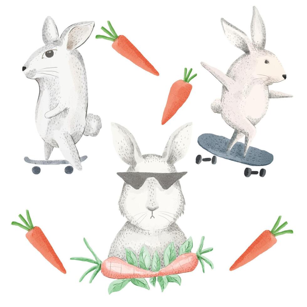 A watercolor set of rabbits skate on a skateboard and eat carrots. vector