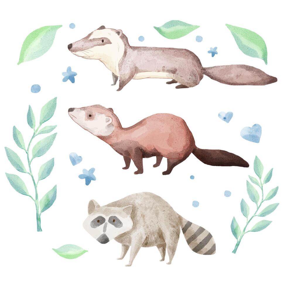 un conjunto de acuarela de animales que consta de 3 razas de animales. vector