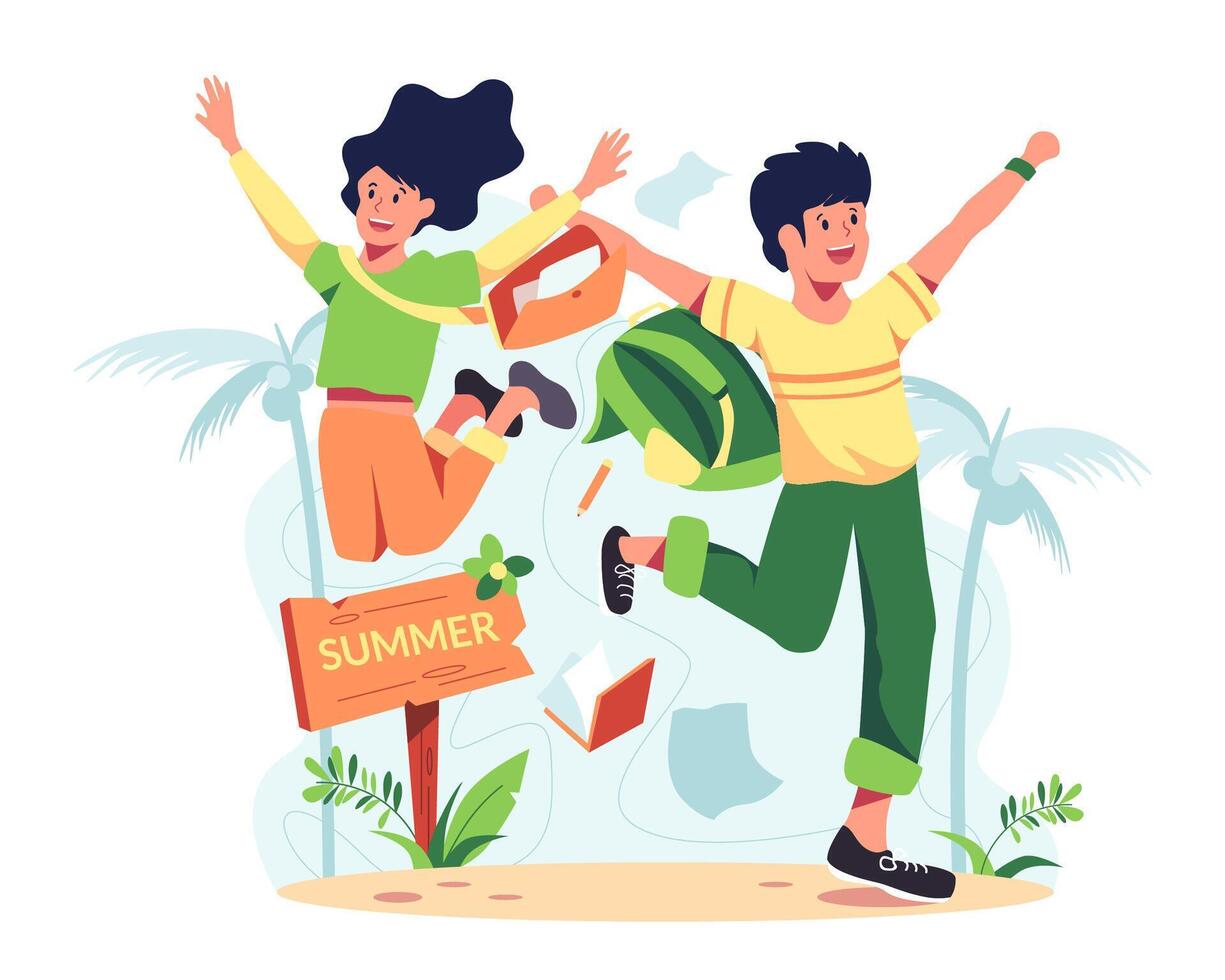 Lover on vacation, going to the sea. They both jumped for joy to come to the sea. vector