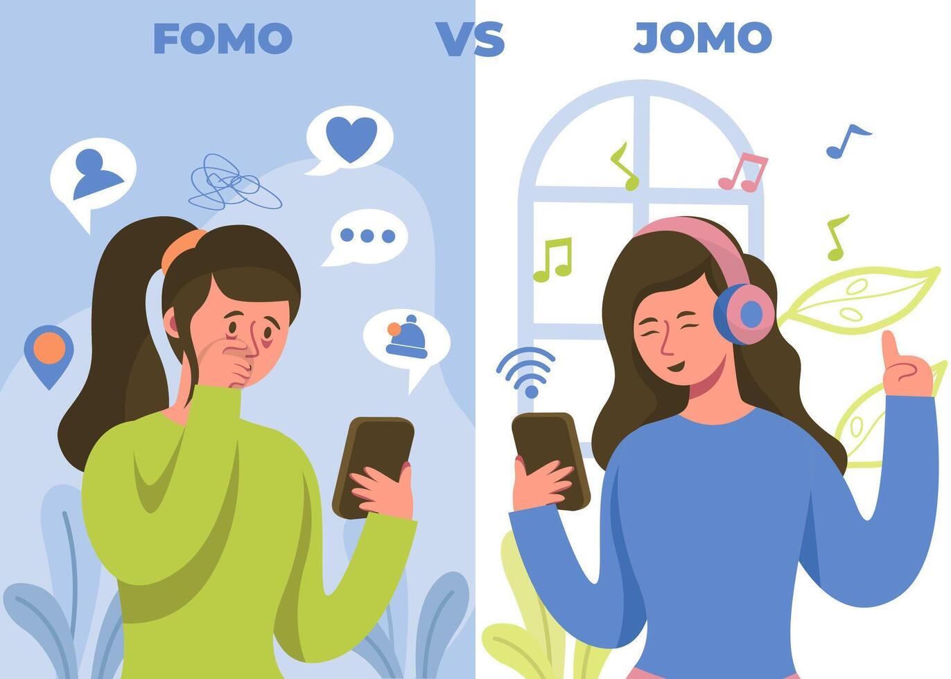 Fear of Missing Out FOMO and Joy of Missing Out JOMO 2926599 Vector Art