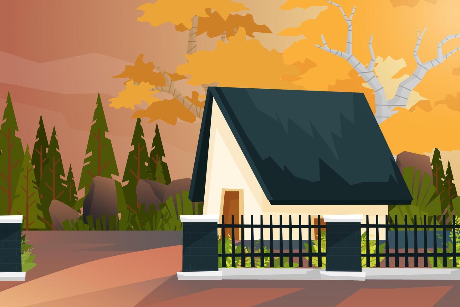 House with fence and nature forest background vector