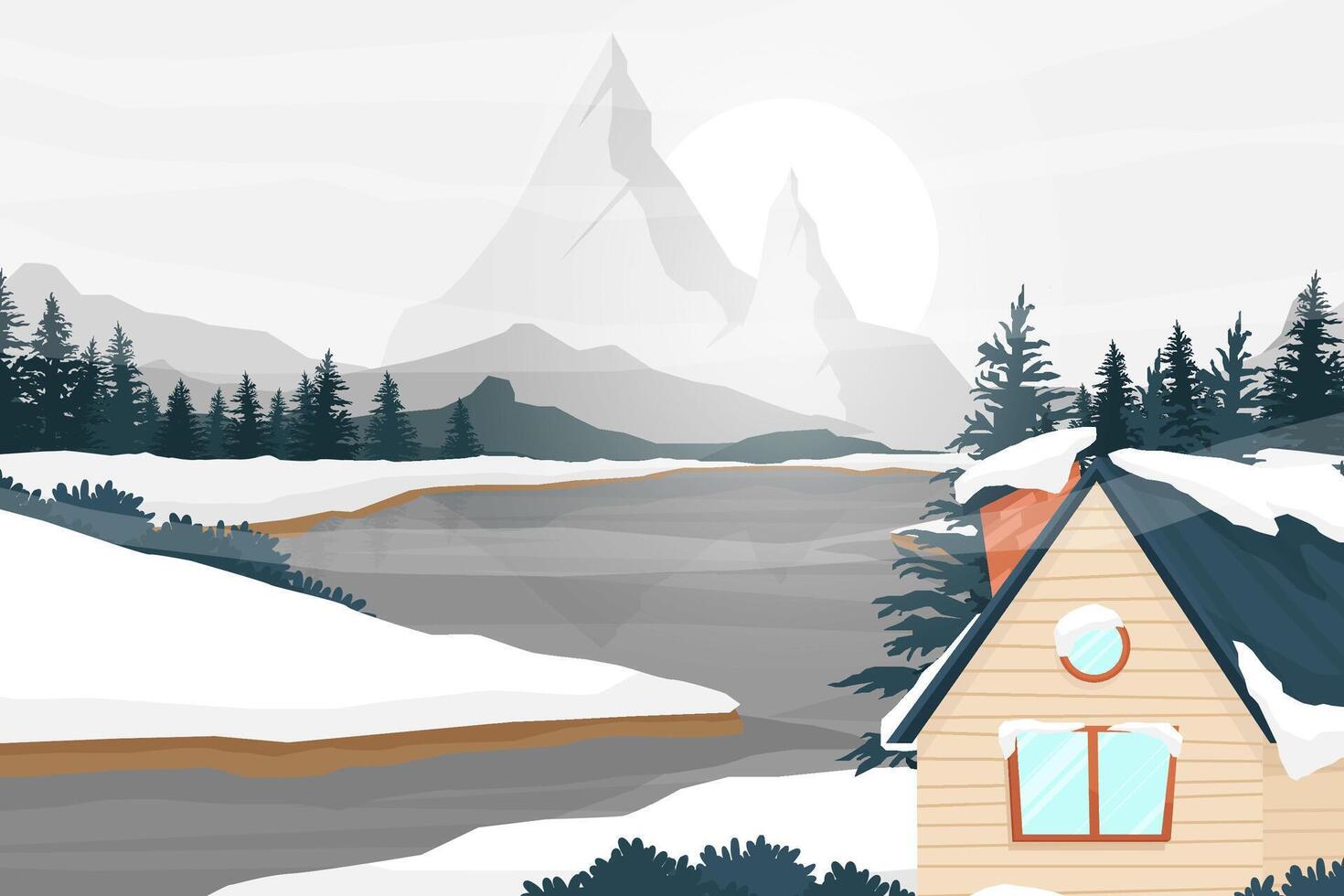 House and  Mountain lake landscape in winter vector illustration