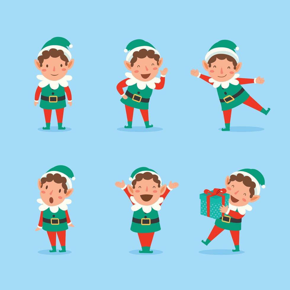 Set of playful Christmas elves. Collection of  Santa Claus helpers. vector