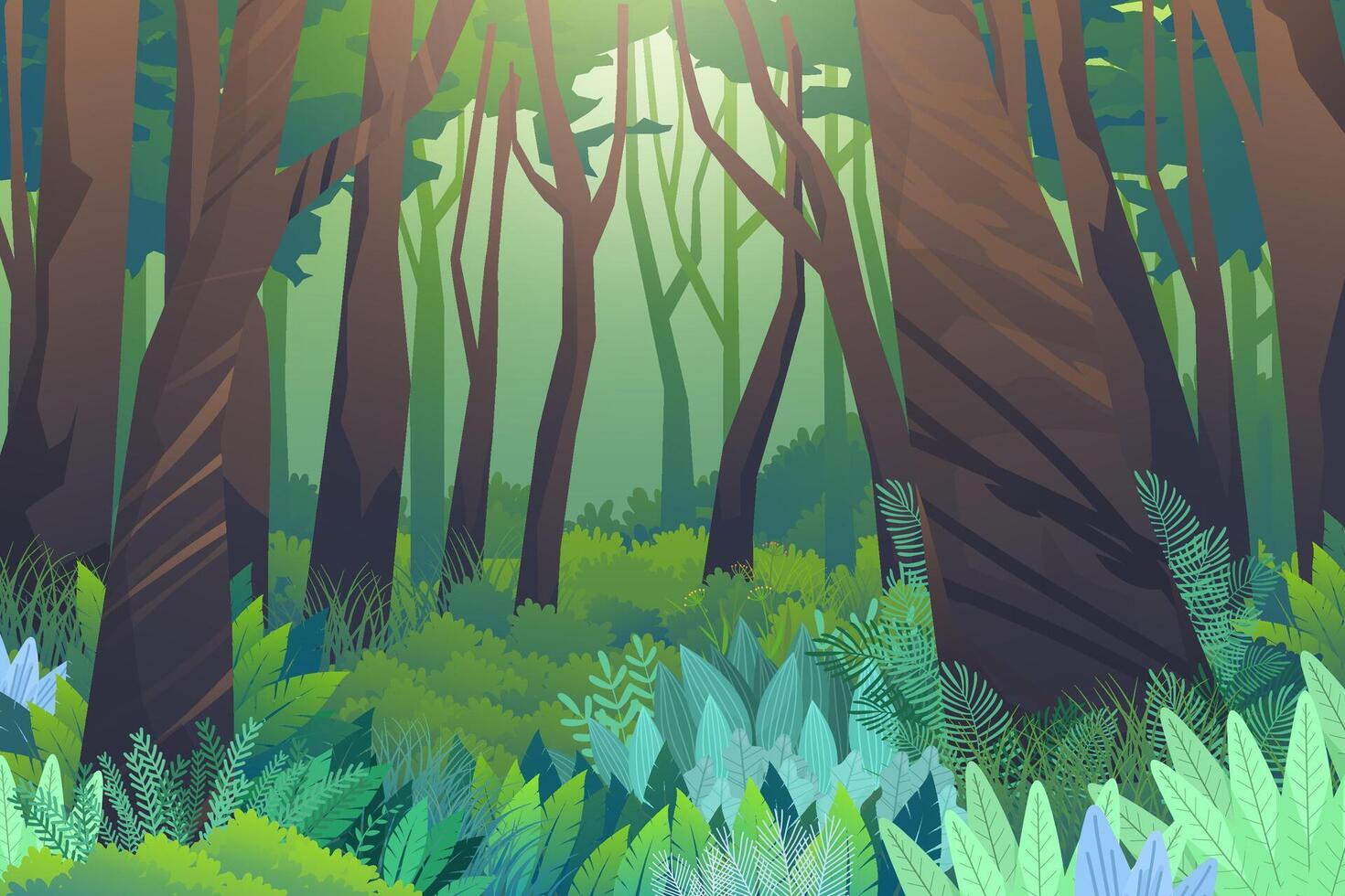 Escena bosque de árboles y setos bajos verdes. vector