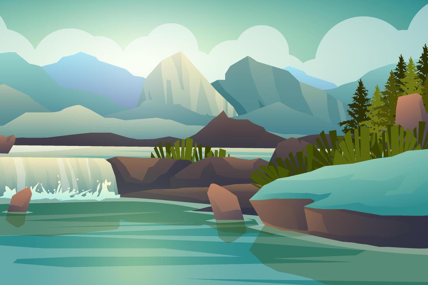 Nature landscape with waterfall from mountain and river vector