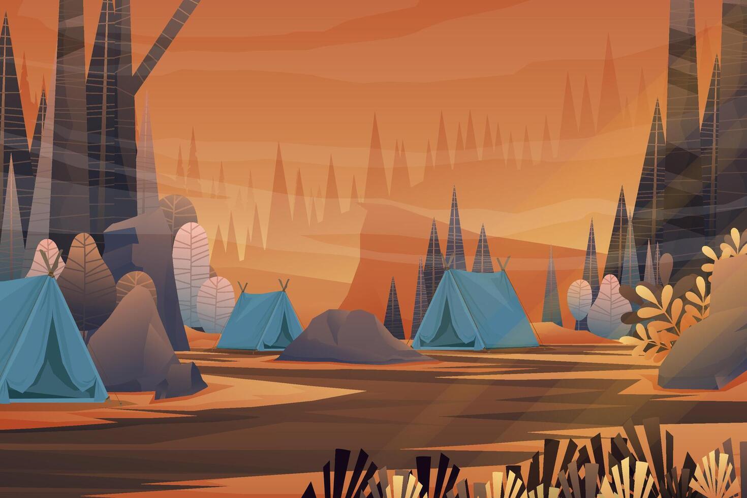 Scene nature forest and Tourist tent camping lanscape vector