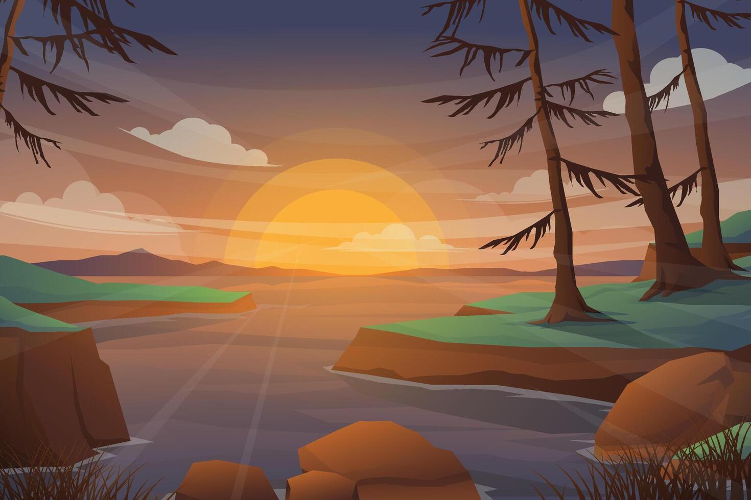 paisaje en el lago de la naturaleza y el bosque con el vector de dibujos animados al atardecer.