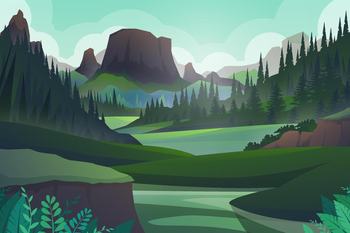 escena de la naturaleza del bosque con vector de montaña y colina