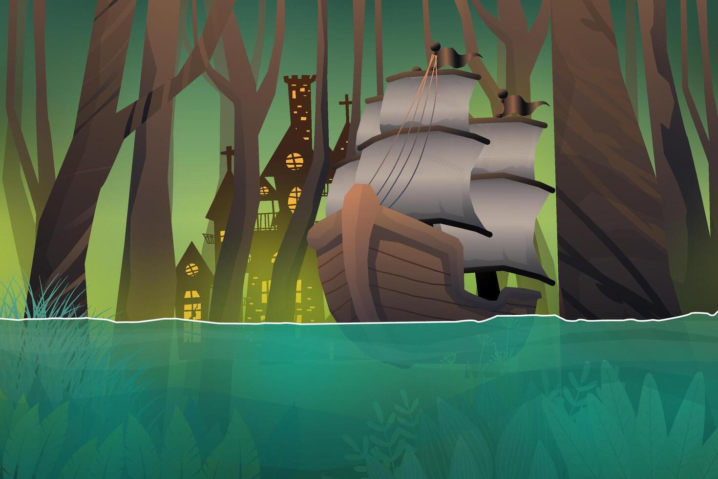 Scene Galleon floting in river at nature forest vector