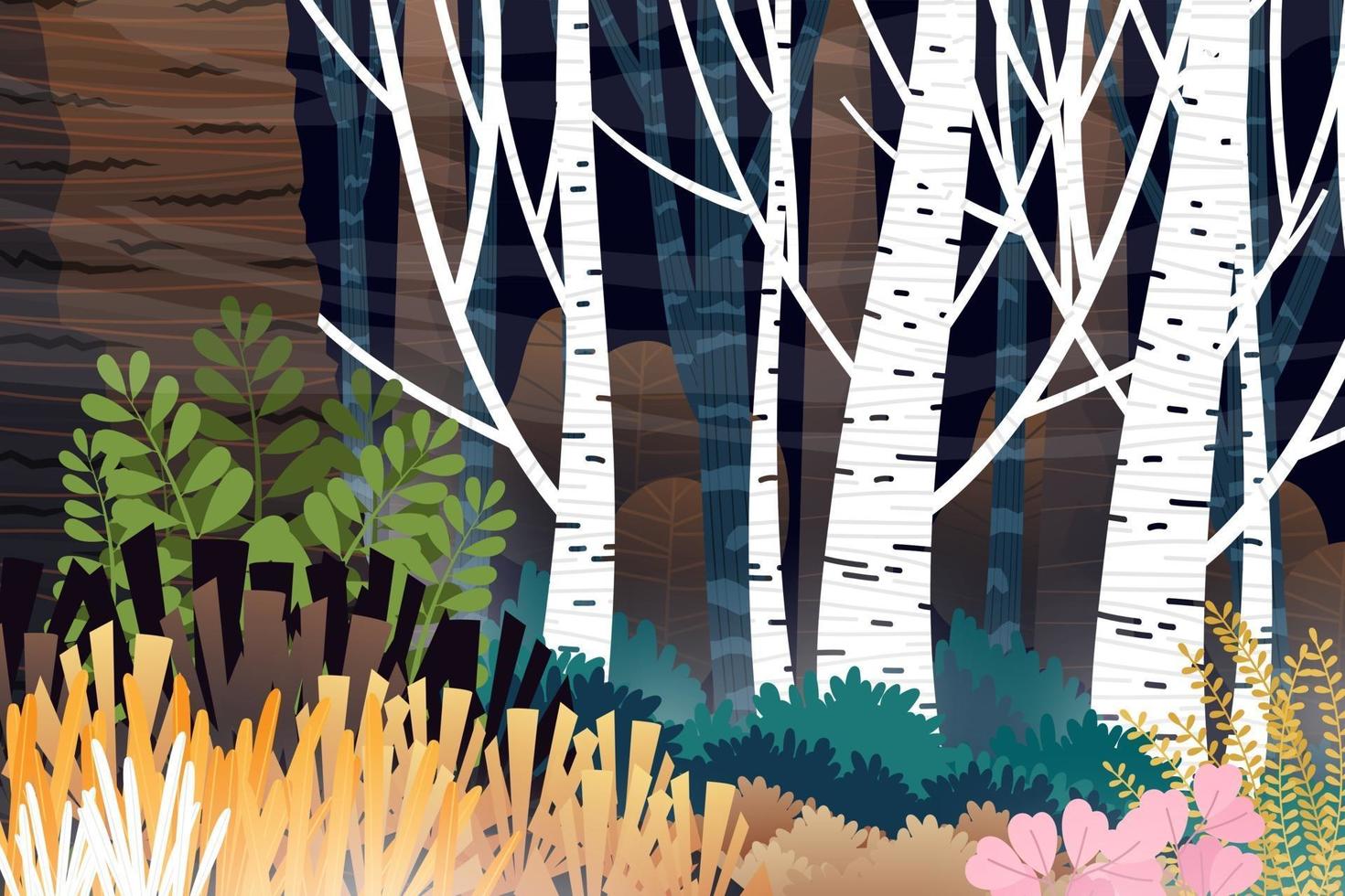 Escena bosque de árboles y coloridos setos bajos. vector