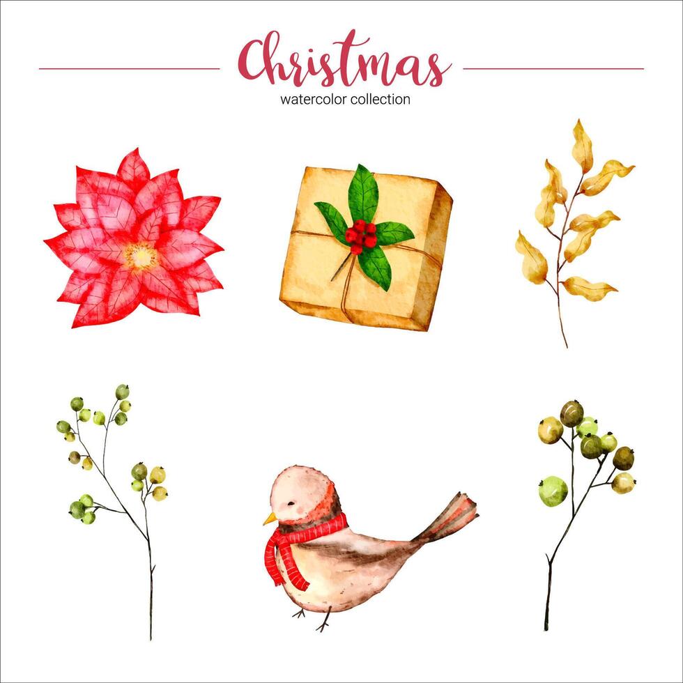 collection of watercolor illustration of Christmas and New Year decorations vector