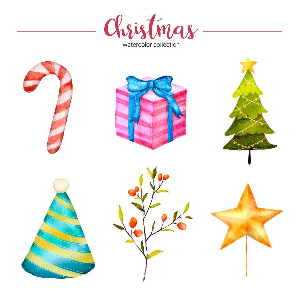 collection of watercolor illustration of Christmas and New Year decorations vector