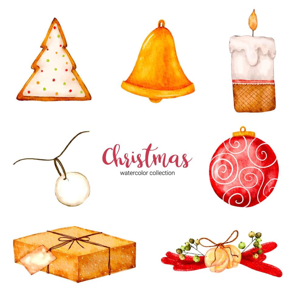 collection of watercolor illustration of Christmas and New Year decorations vector