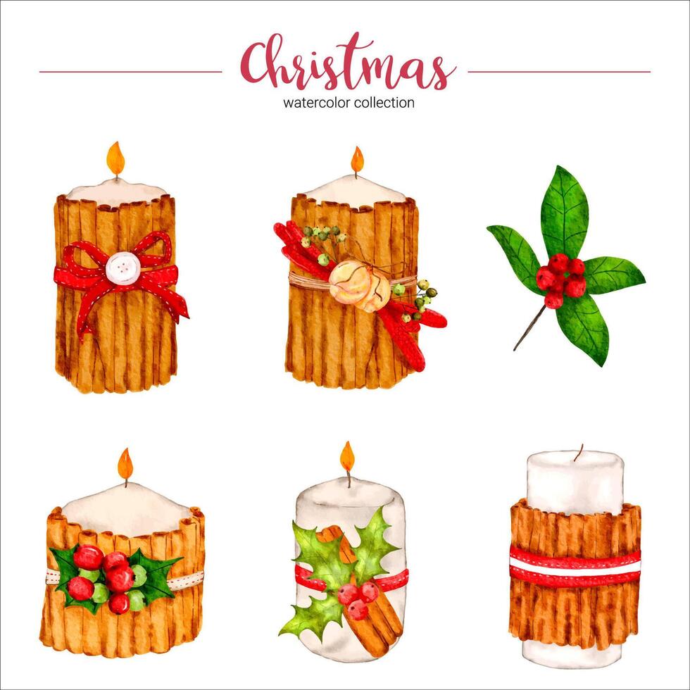 collection of watercolor illustration of Christmas and New Year decorations vector