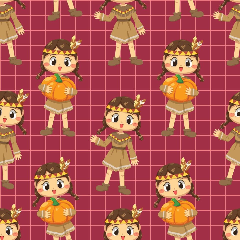 seamless pattern background with A girl who braids and holds a pumpkin vector