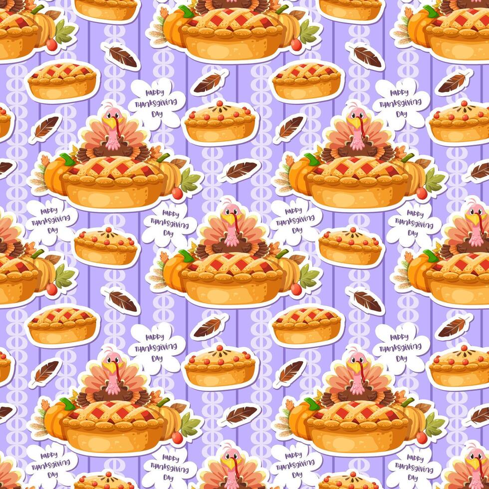 seamless pattern background with Chicken feathers, pumpkin and turkey holding the pie vector