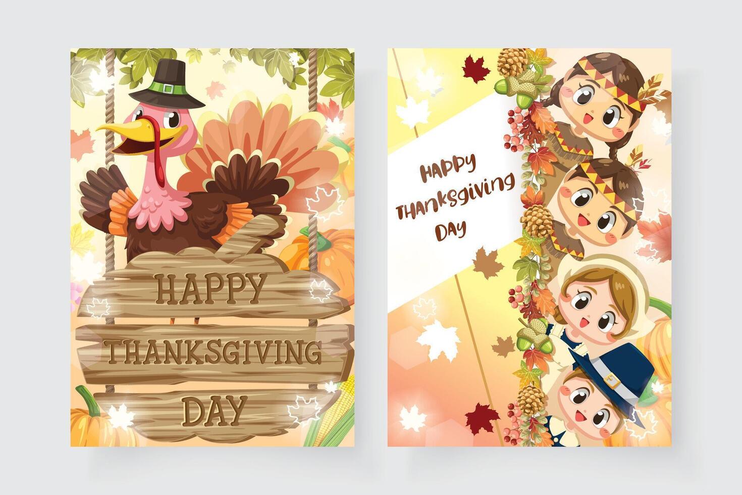 Happy thanksgiving card with boy, woman, turkey and wooden sign vector