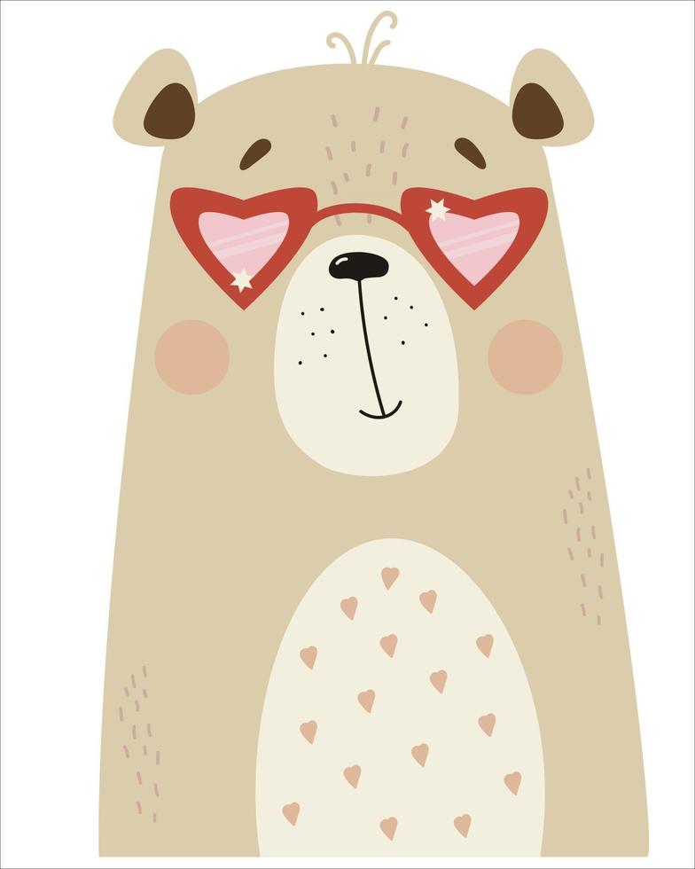 Portrait of a cute enamored bear wearing glasses in the shape of hearts. Vector illustration. Character for valentines