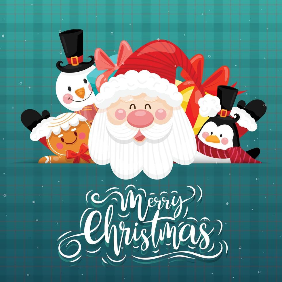 tarjeta de feliz navidad con santa, muñeco de nieve, pingüino y caja de regalo. vector