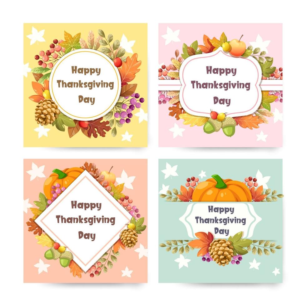 feliz día de acción de gracias tarjeta con calabaza, manzana, maíz y hojas de arce vector