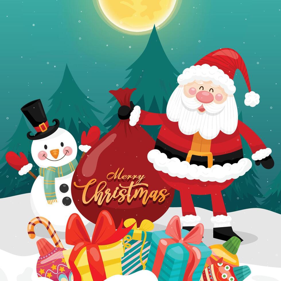 Merry Christmas card with santa, snowman and gift box. vector