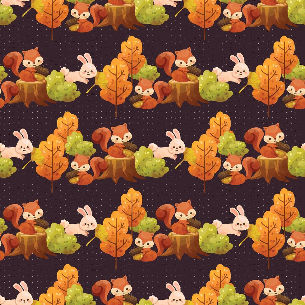Seamless pattern background with Trees, leaves, squirrels and rabbits vector