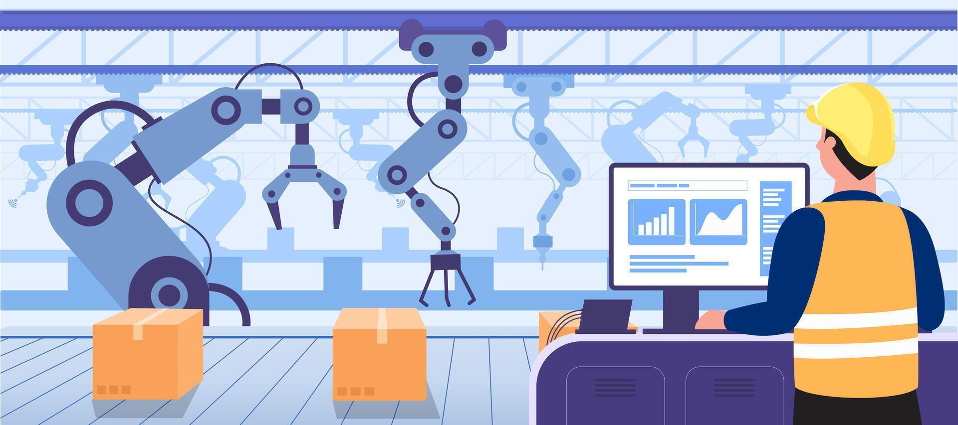 línea de montaje con control de brazos robóticos por ingeniero vector