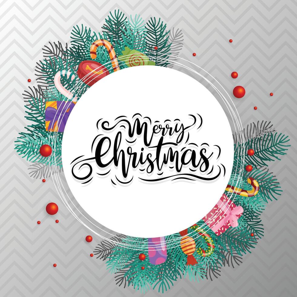 Merry Christmas text in a circle with candy, gift box, and leaves vector