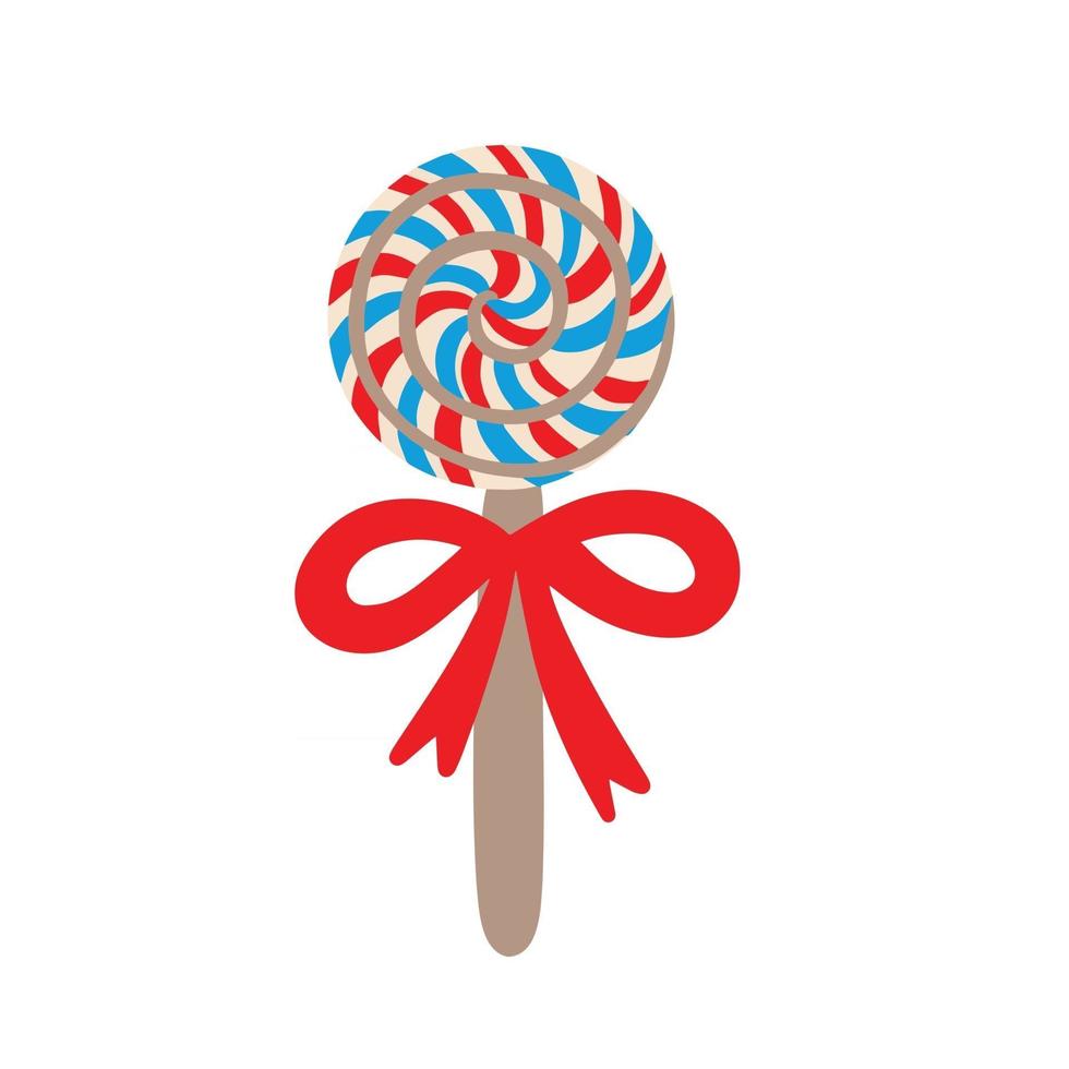 A striped round lollipop. Delicious Christmas sweetness. Simple Vector illustration