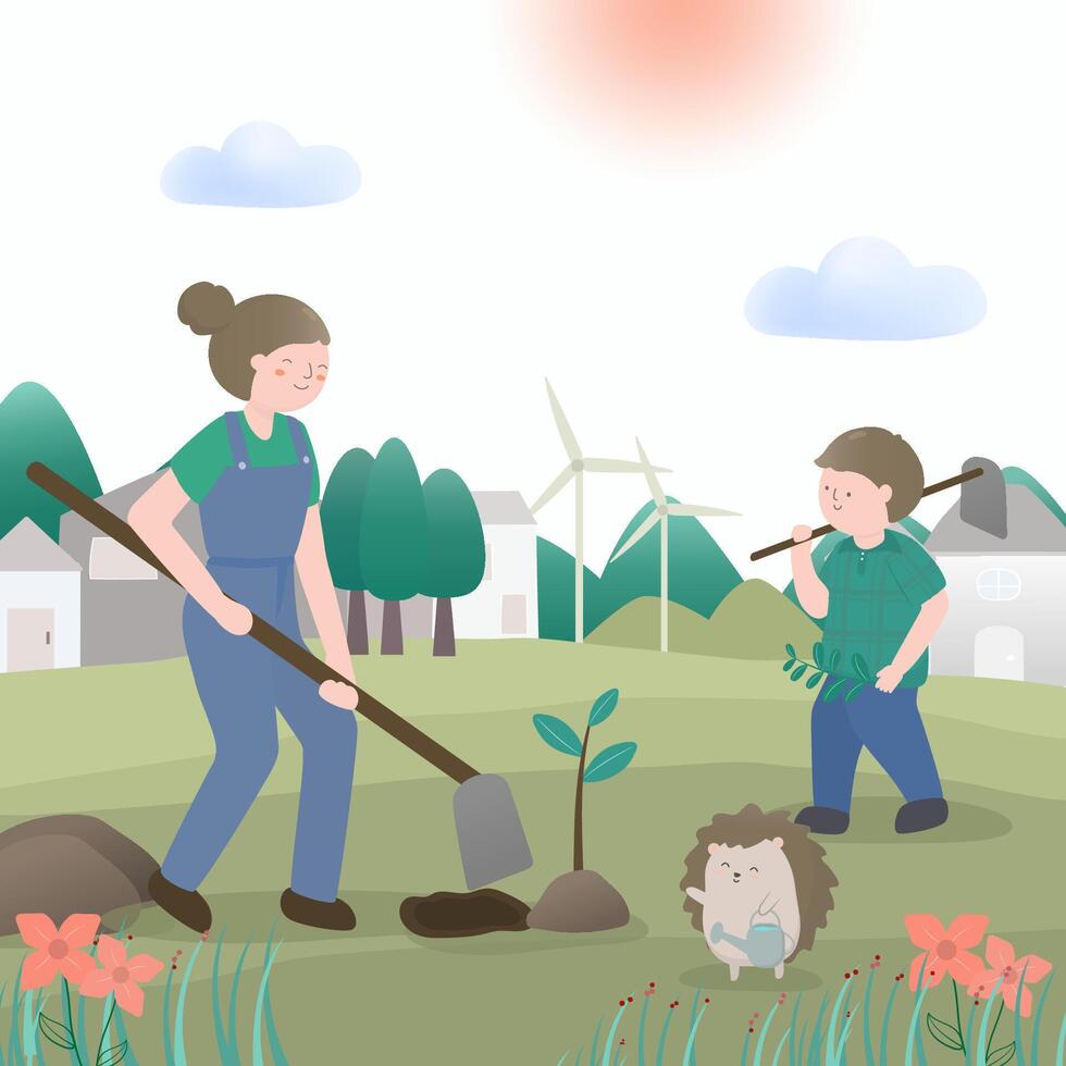 Girl and animals with earth environmental nature design elements. vector