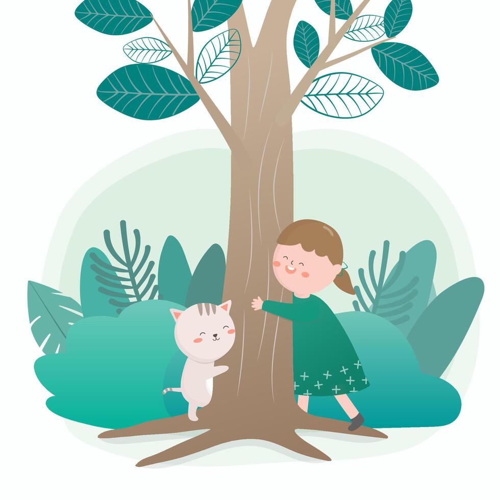 hermosa niña y lindo gato abrazando el árbol vector