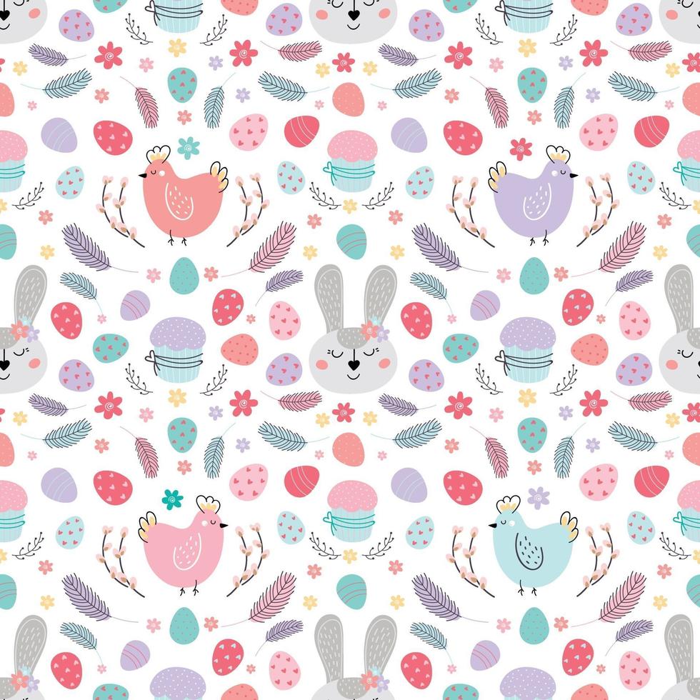 seamless Easter pattern with rabbit. Pattern with Easter bunny, eggs, cake. Design for textiles, packaging, wrappers, web, printing. Vector flat illustration