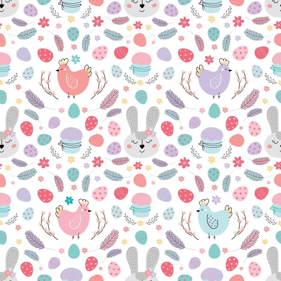 seamless Easter pattern with rabbit. Pattern with Easter bunny, eggs, cake. Design for textiles, packaging, wrappers, web, printing. Vector flat illustration