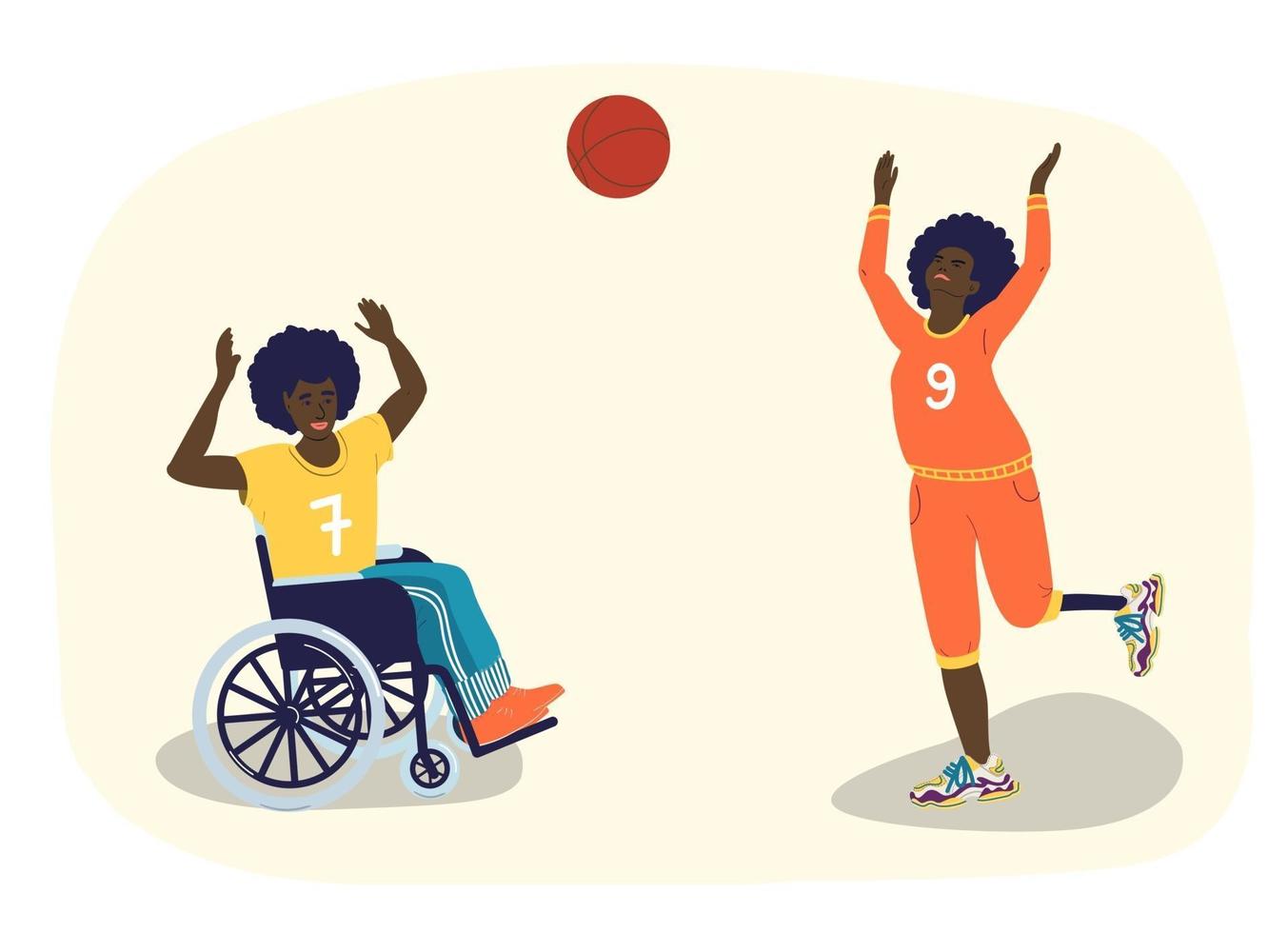 las personas con discapacidad juegan al baloncesto. los adolescentes afroamericanos con discapacidades juegan baloncesto. un chico en silla de ruedas. una niña con una prótesis de pierna. ilustración de dibujos animados de vector