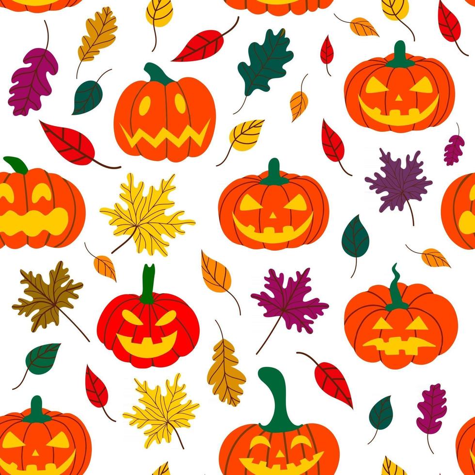 Halloween pumpkin pattern with fallen leaves. vector illustration