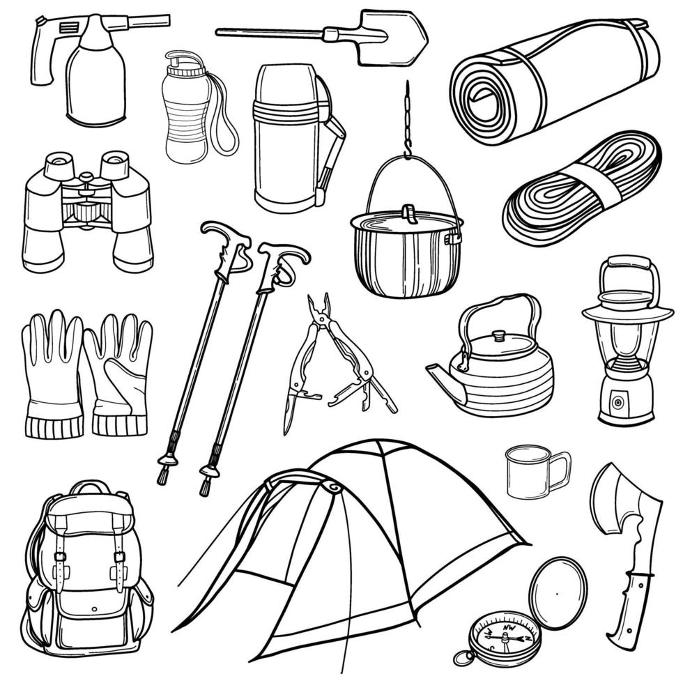 equipo turístico y de campamento. senderismo, viajes. un conjunto de elementos para acampar. ilustración vectorial en estilo doodle. diseño para pegatinas, impresión, revistas, blogs vector