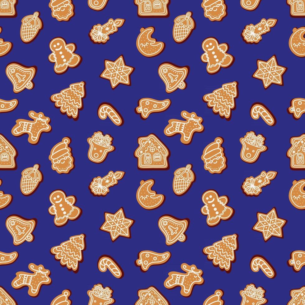 Seamless vector pattern of traditional gingerbread cookies of various shapes for Christmas celebration amidst snowflakes against blue background